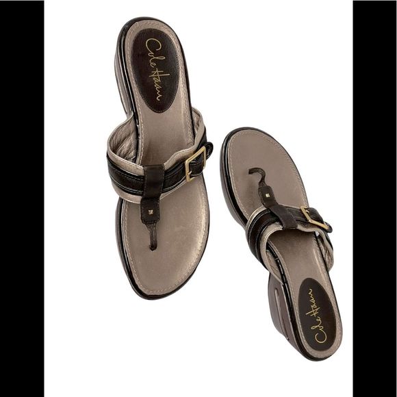 Cole Haan Nike Air Shoes - Cole Haan Nike Air Metallic Bronze and Brown Leather Wedge Thongs Size 9